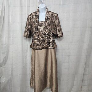 Cachet Bronze Taupe Beaded Satin Floral Shrug Midi Dress Set Formal Wedding 12